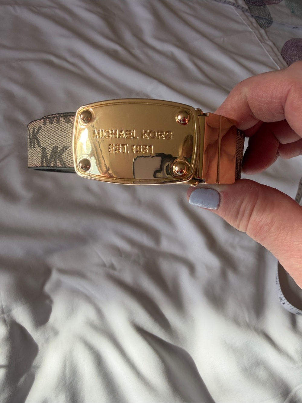 Michael Kors Men’s Beige Logo Canvas Belt with Gold Plate Buckle